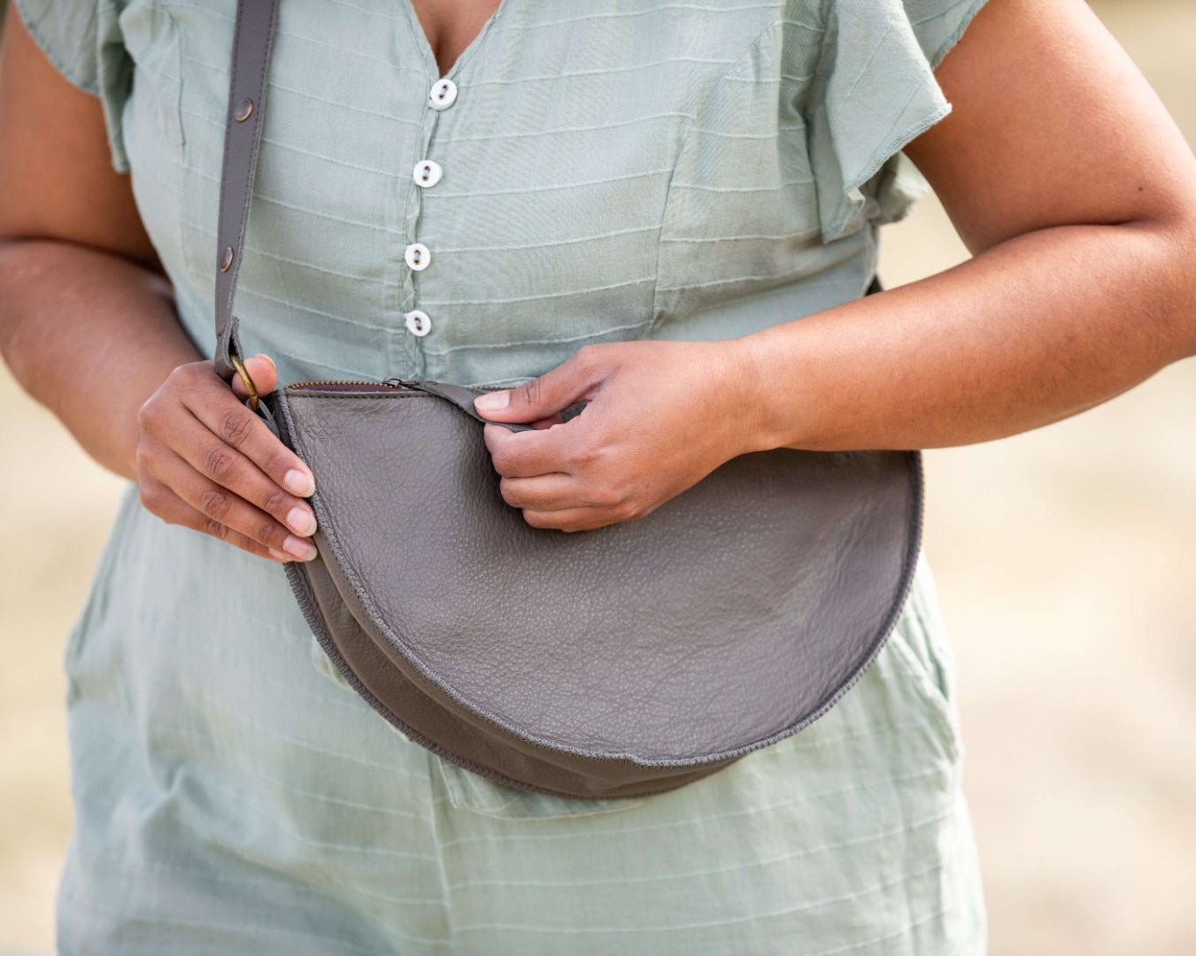 Large stone grey leather bag