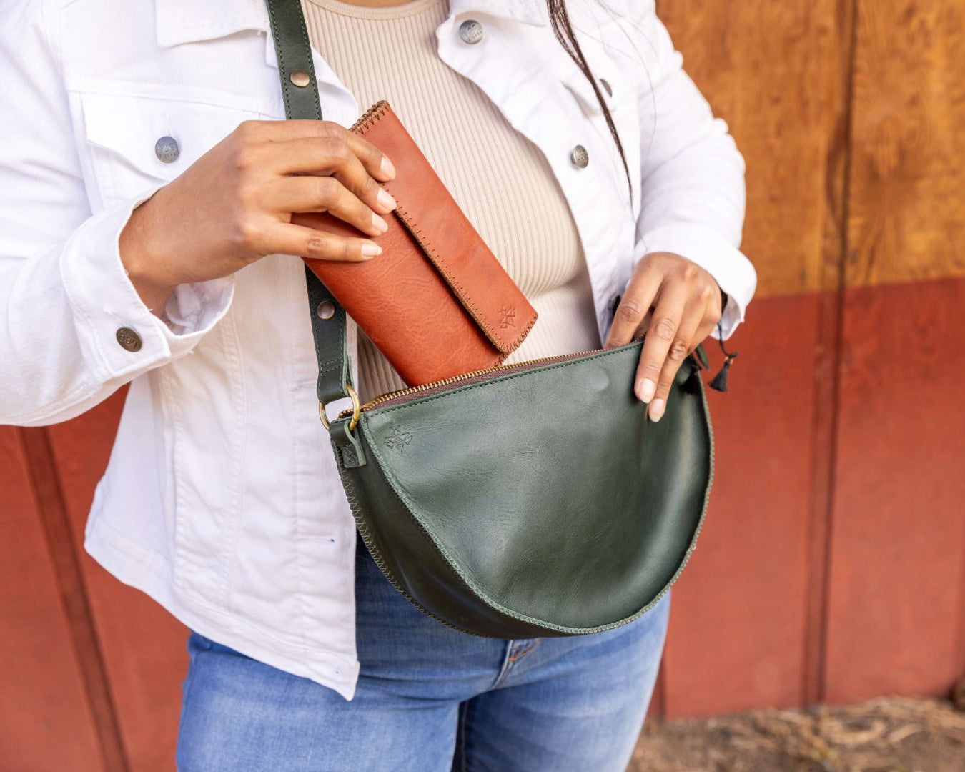Large dark green leather bag