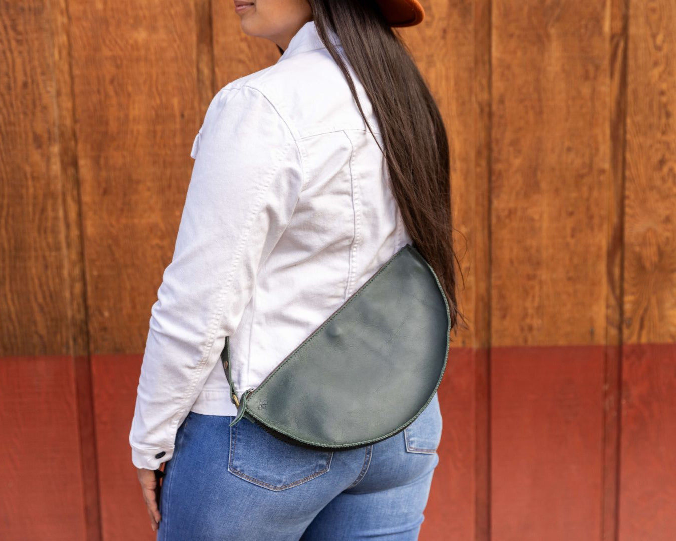 Large dark green leather bag