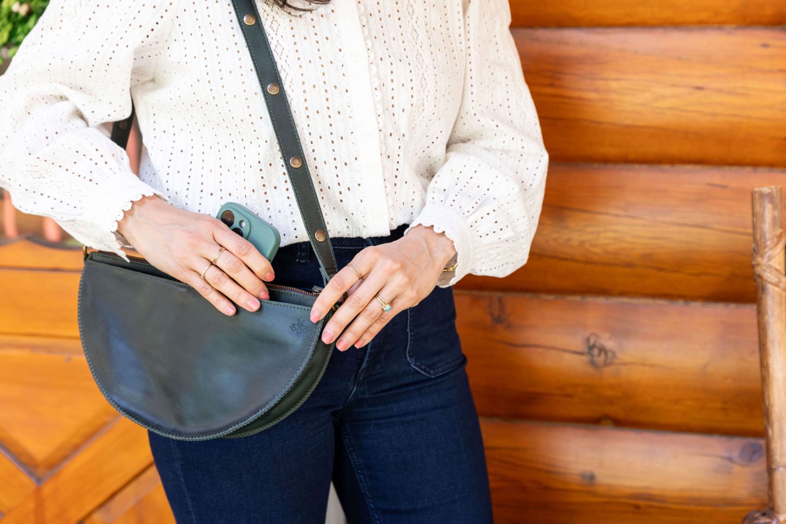 Medium dark green leather bag