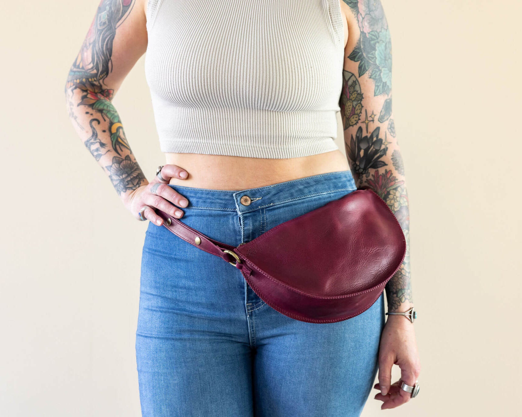 Medium cherry red leather pouch, Belt bag