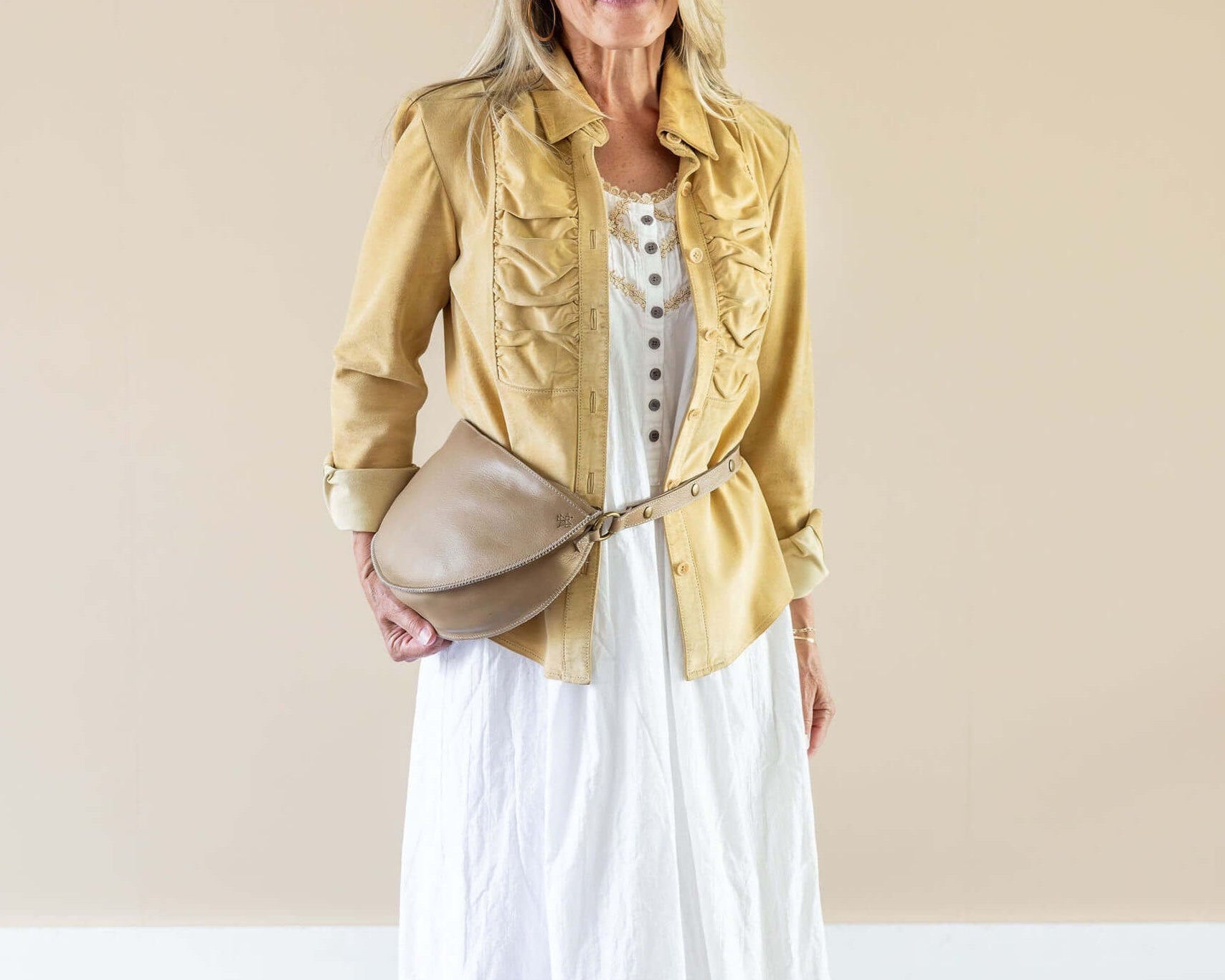 Large tan leather bag, Belt bag