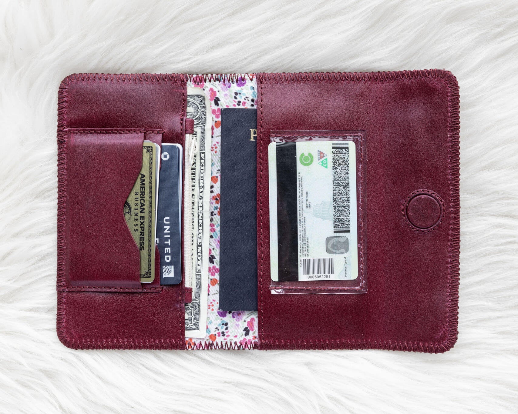 Cherry red leather wallet for traveling