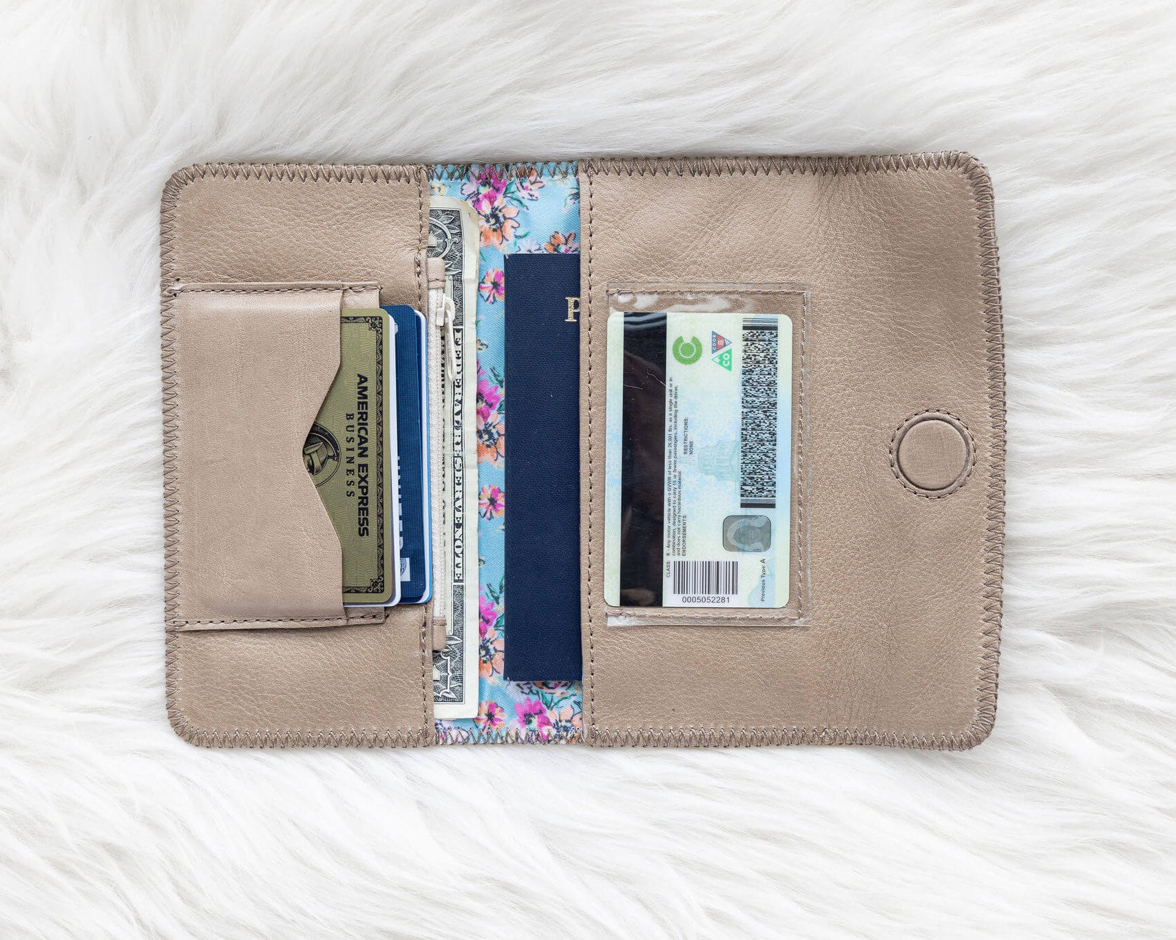 Light tan leather wallet for traveling