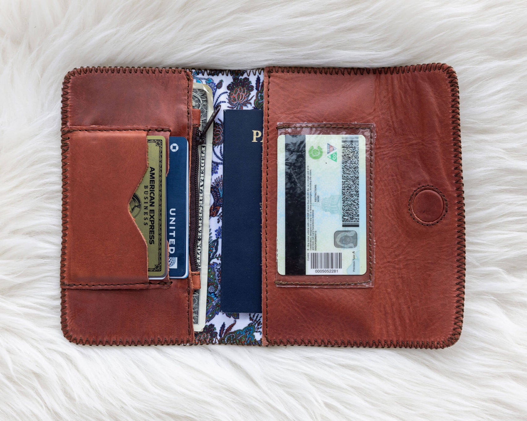 Leather cognac wallet for traveling