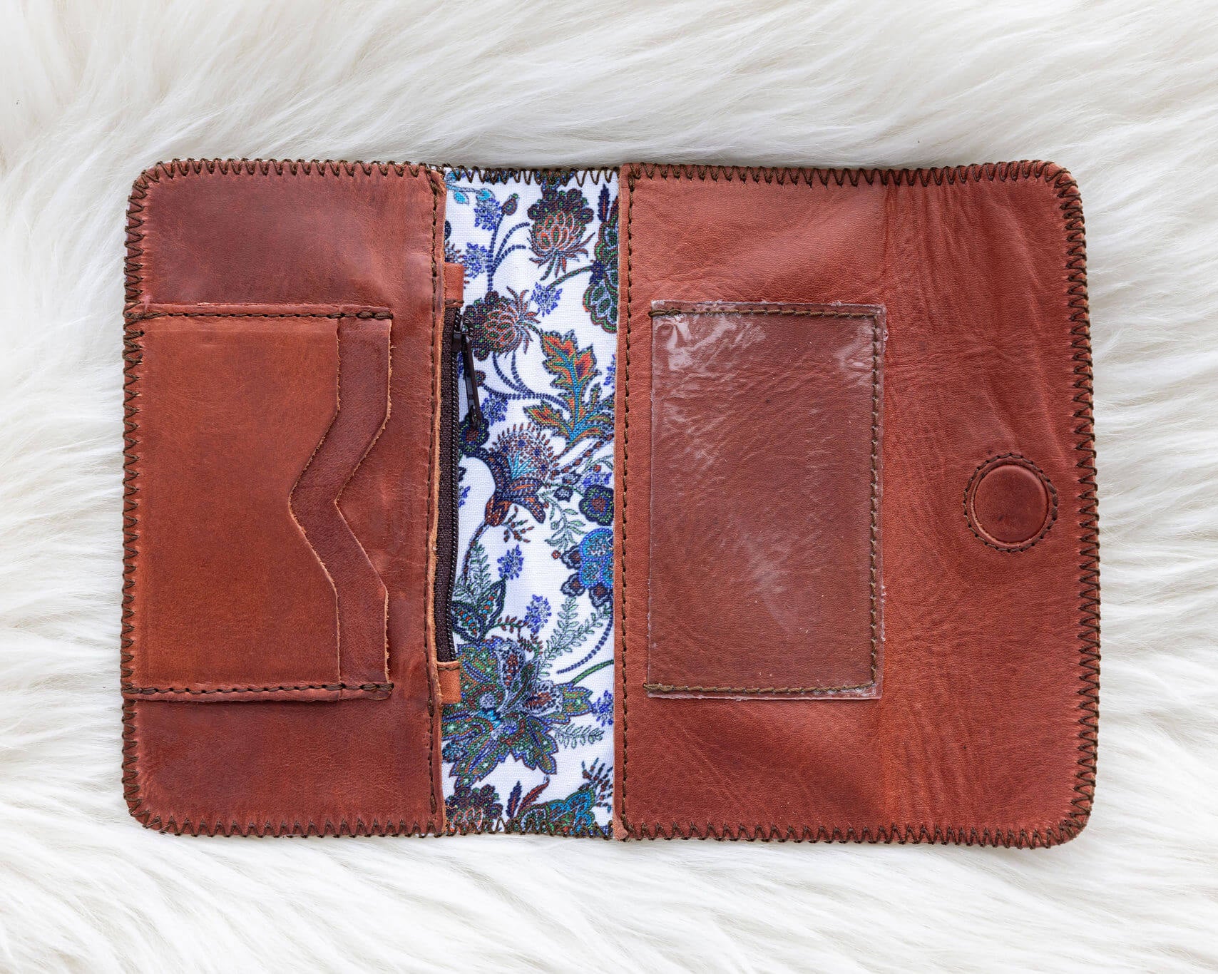 Leather cognac wallet for traveling