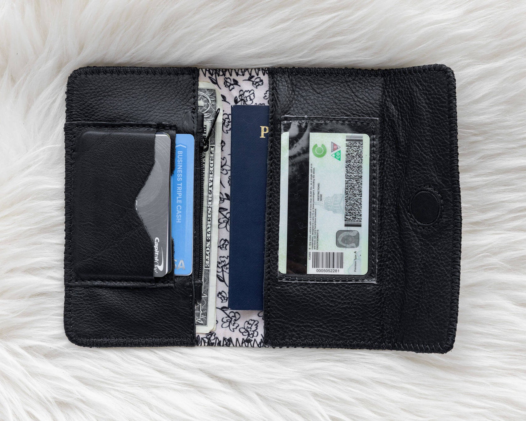 Black leather wallet for traveling