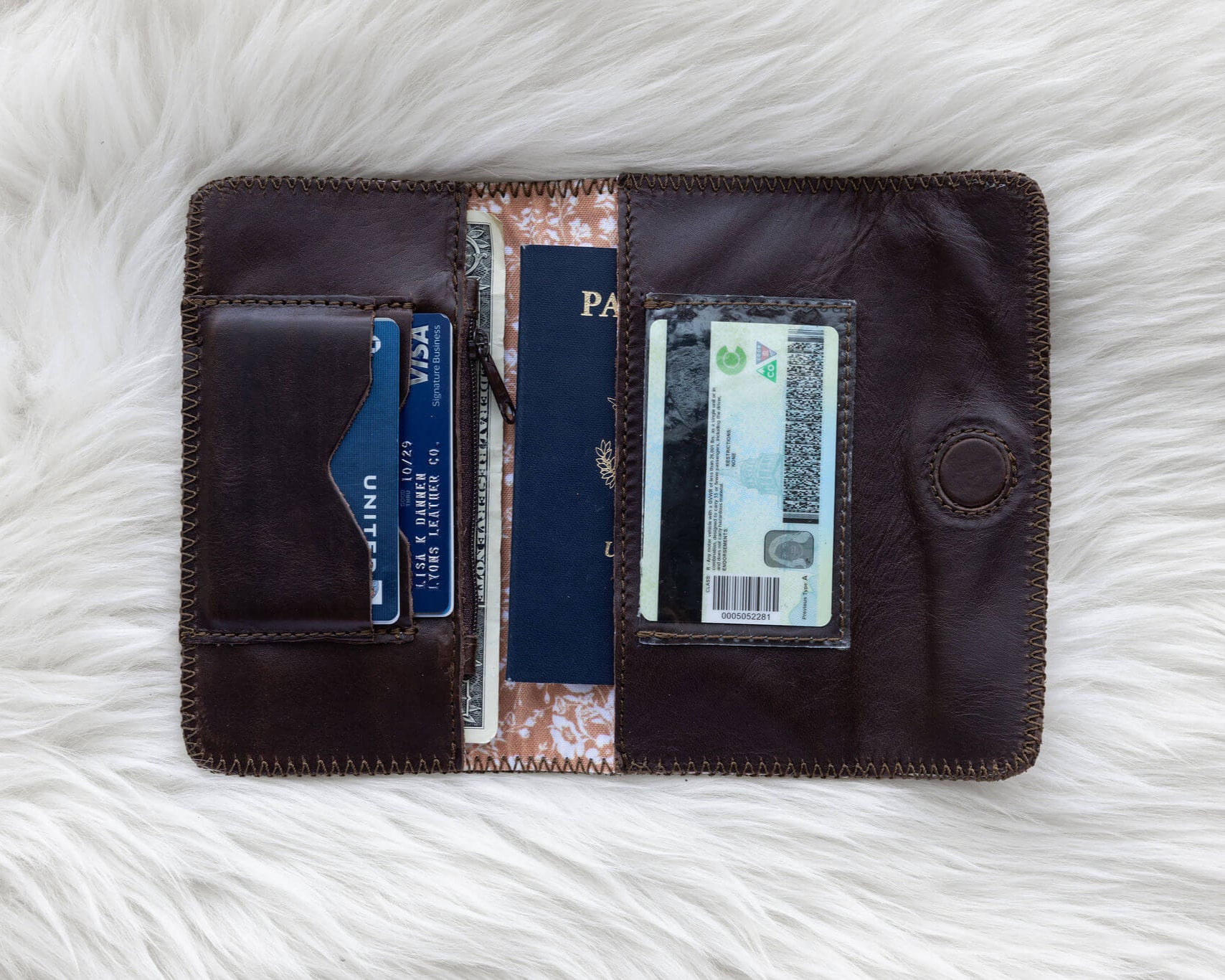 Brown leather wallet for traveling
