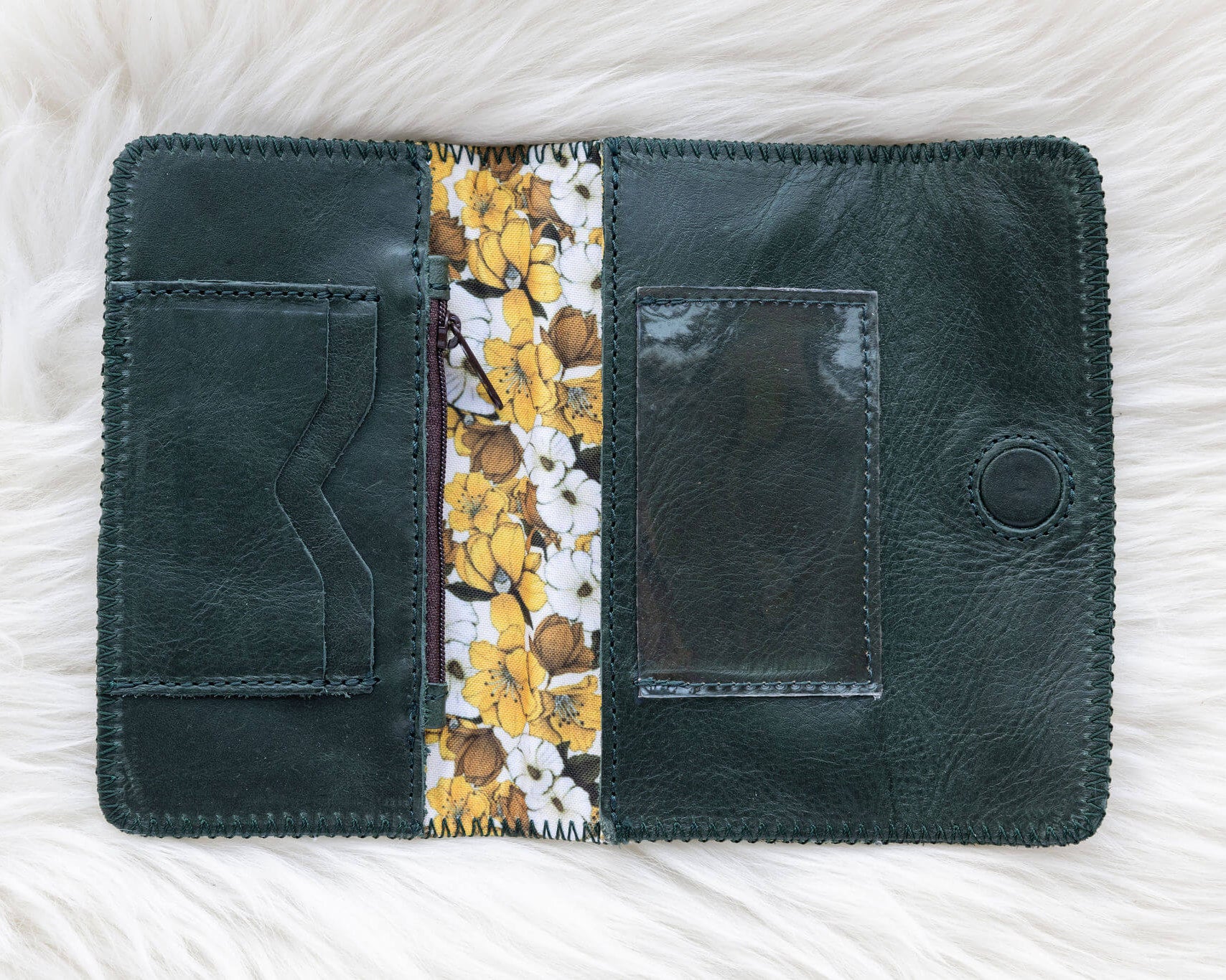 Dark leather forest green wallet for traveling