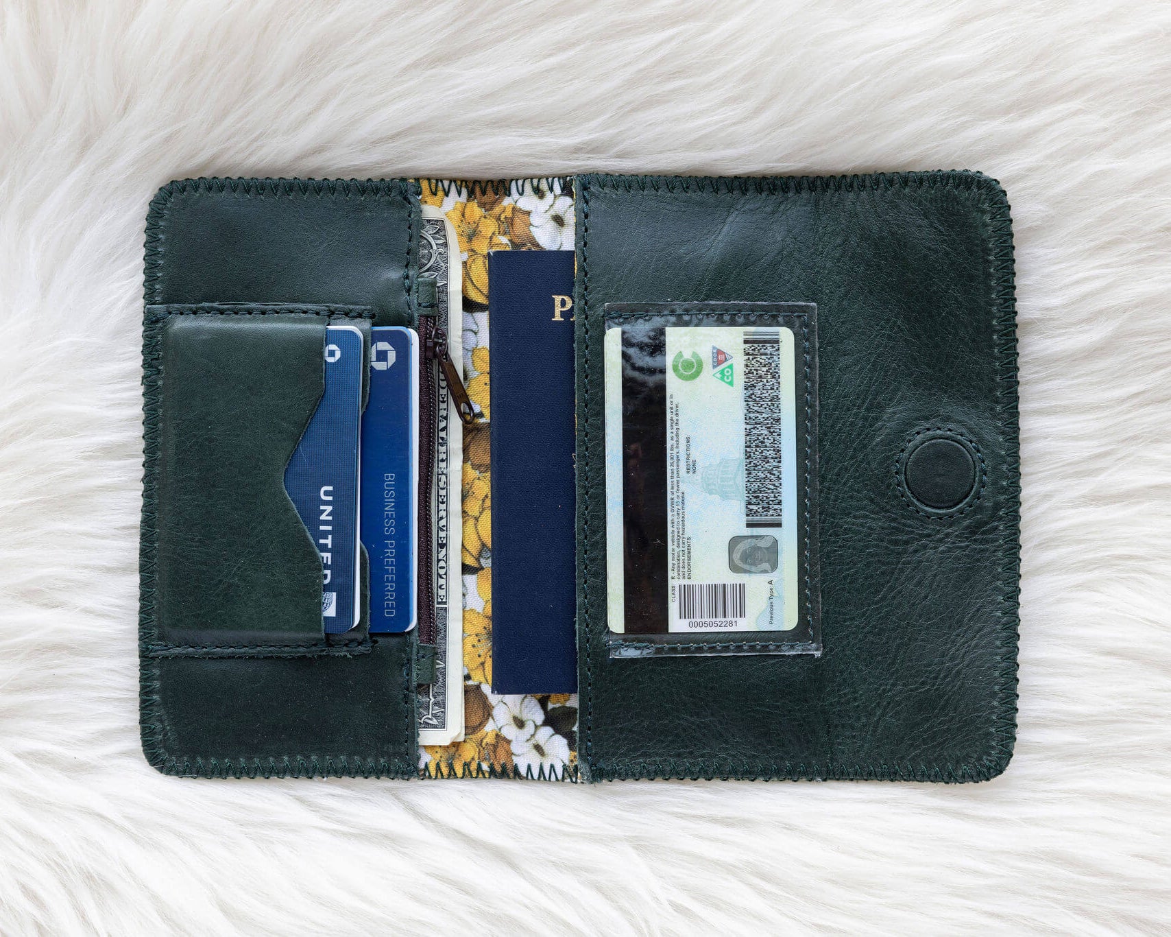Dark leather forest green wallet for traveling