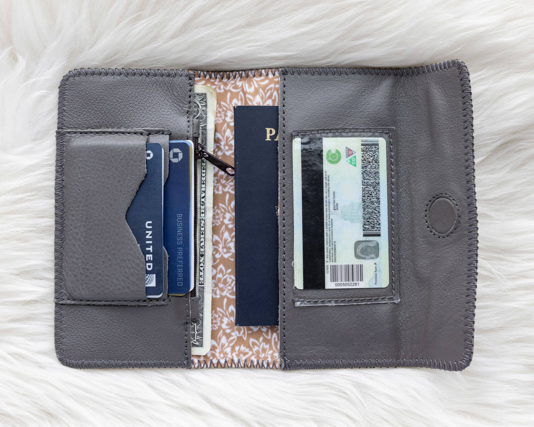 Dark grey leather wallet for traveling