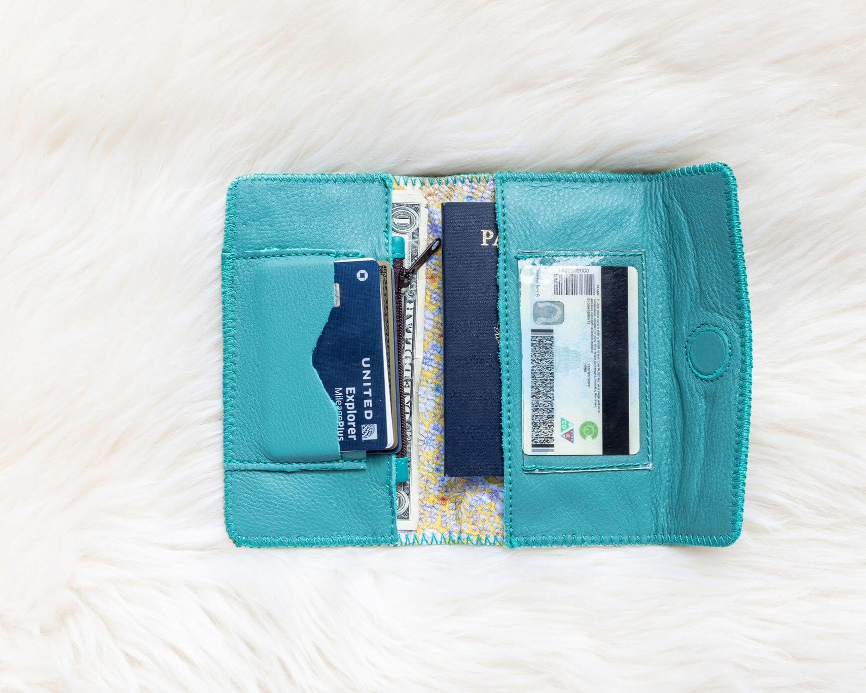 Turquoise leather wallet for traveling