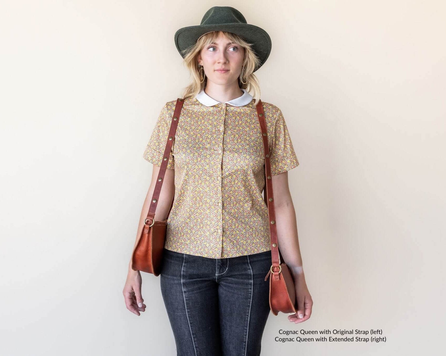 Large cognac leather crossbody bag, strap comparison