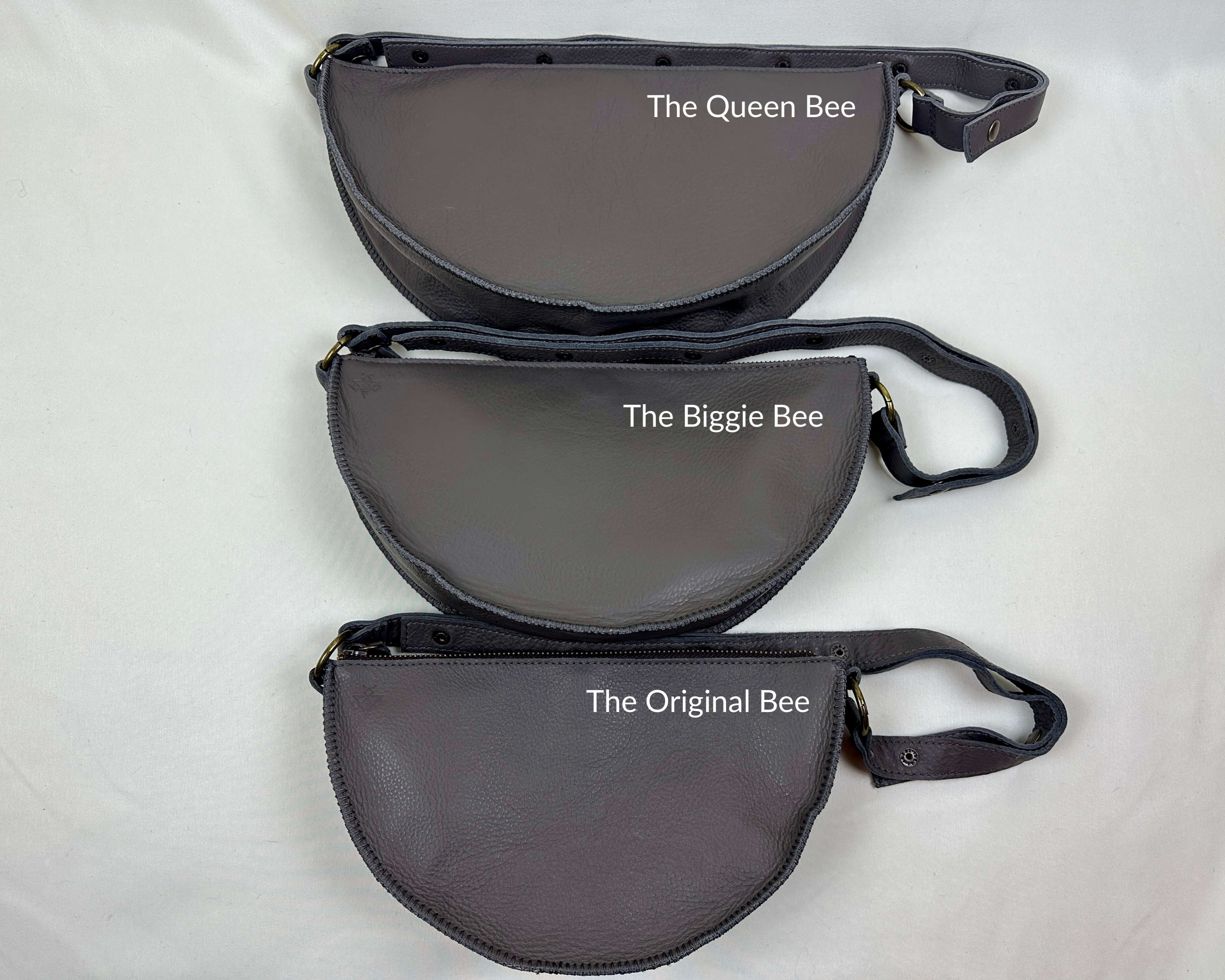 Grey leather bag size comparison
