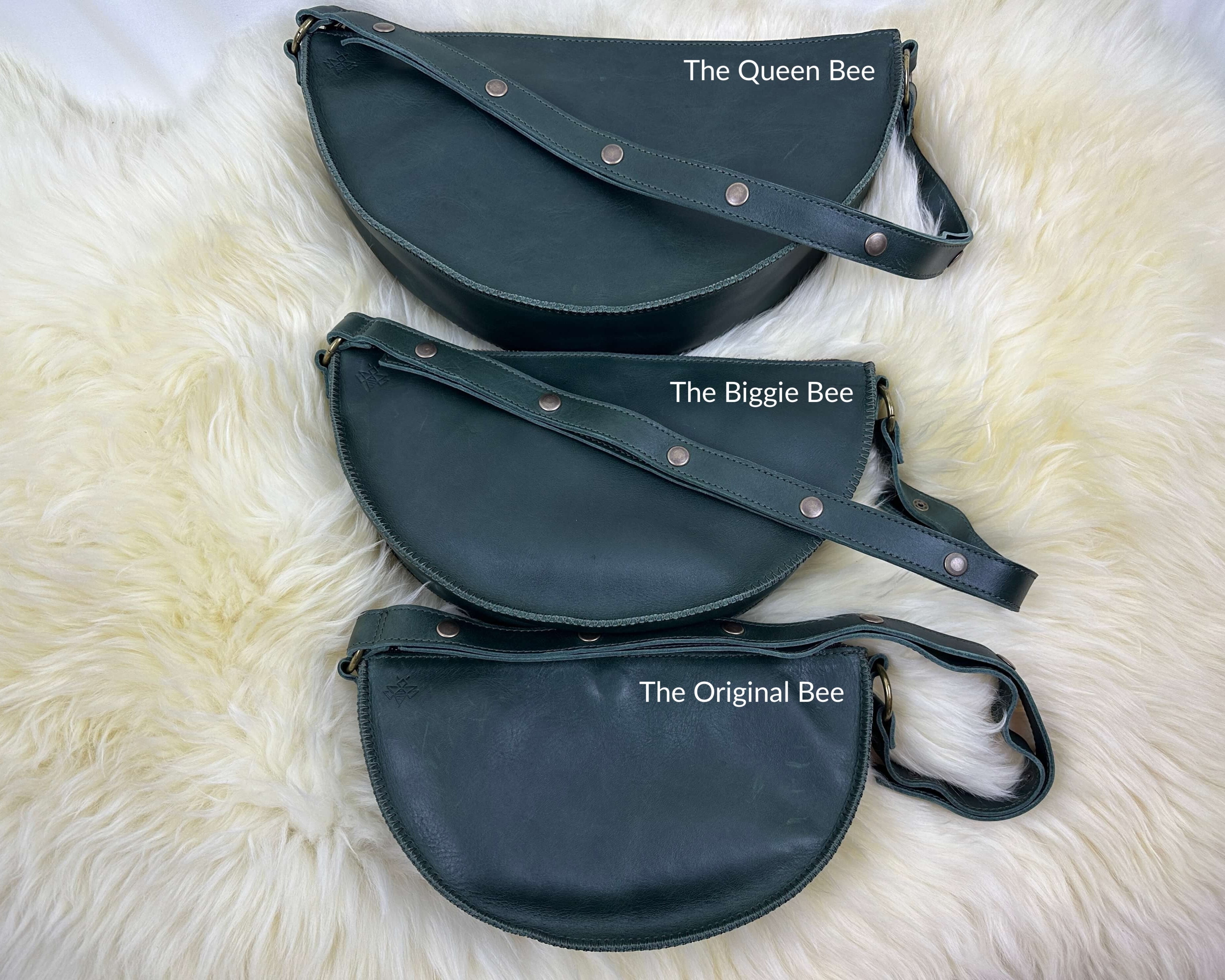 Dark green leather bag size comparison