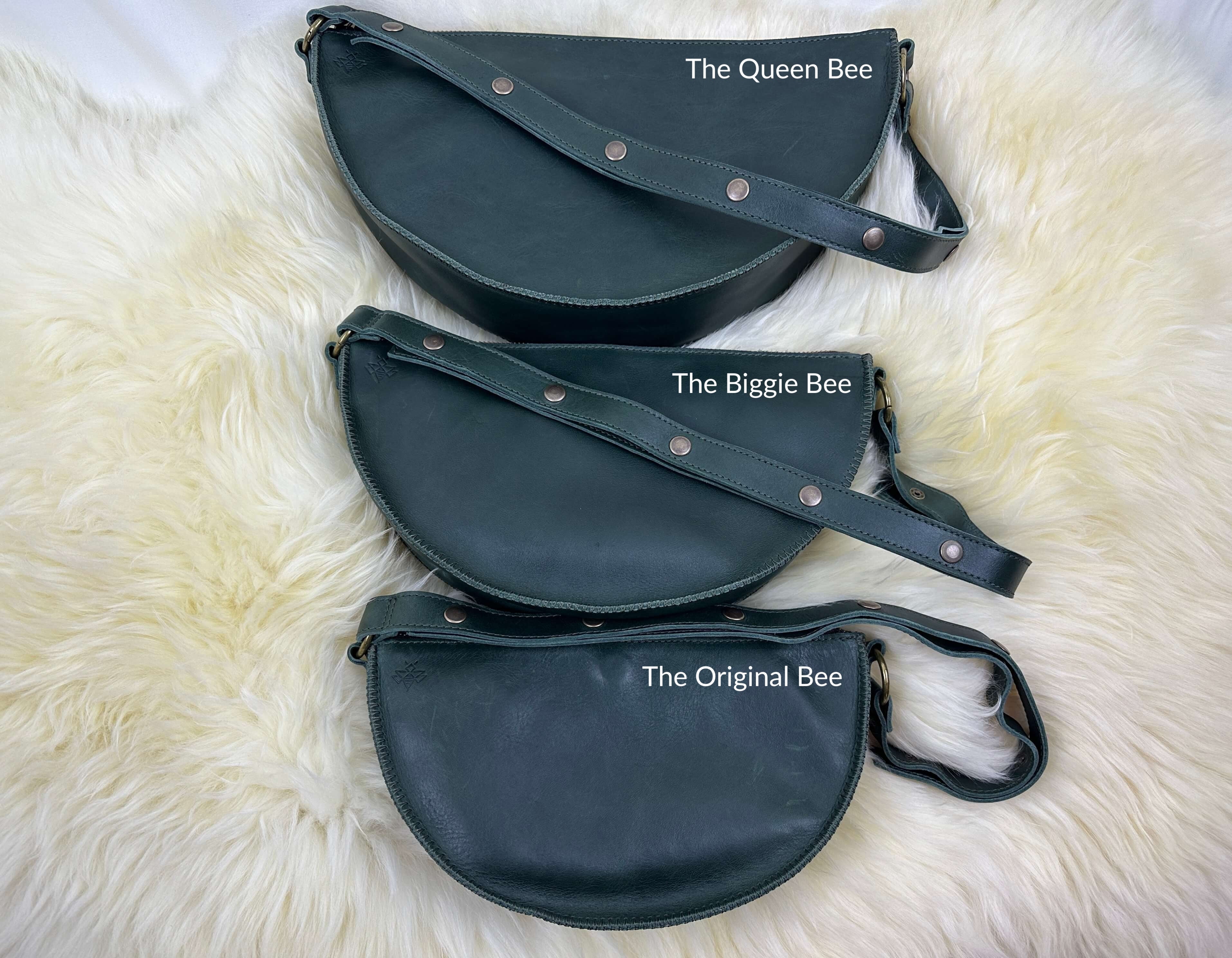 Dark green leather bag size comparison