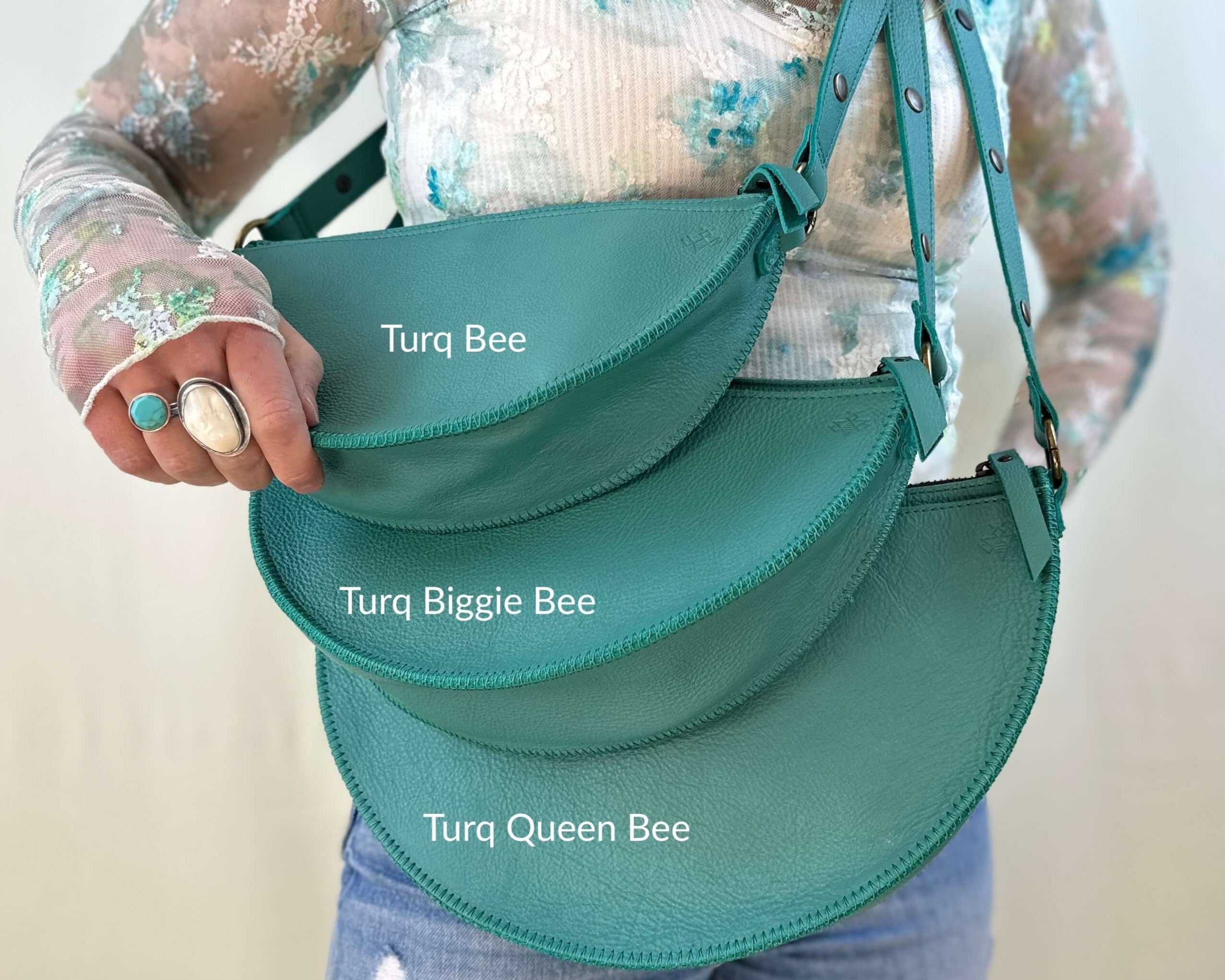 Turquoise leather bag size comparison
