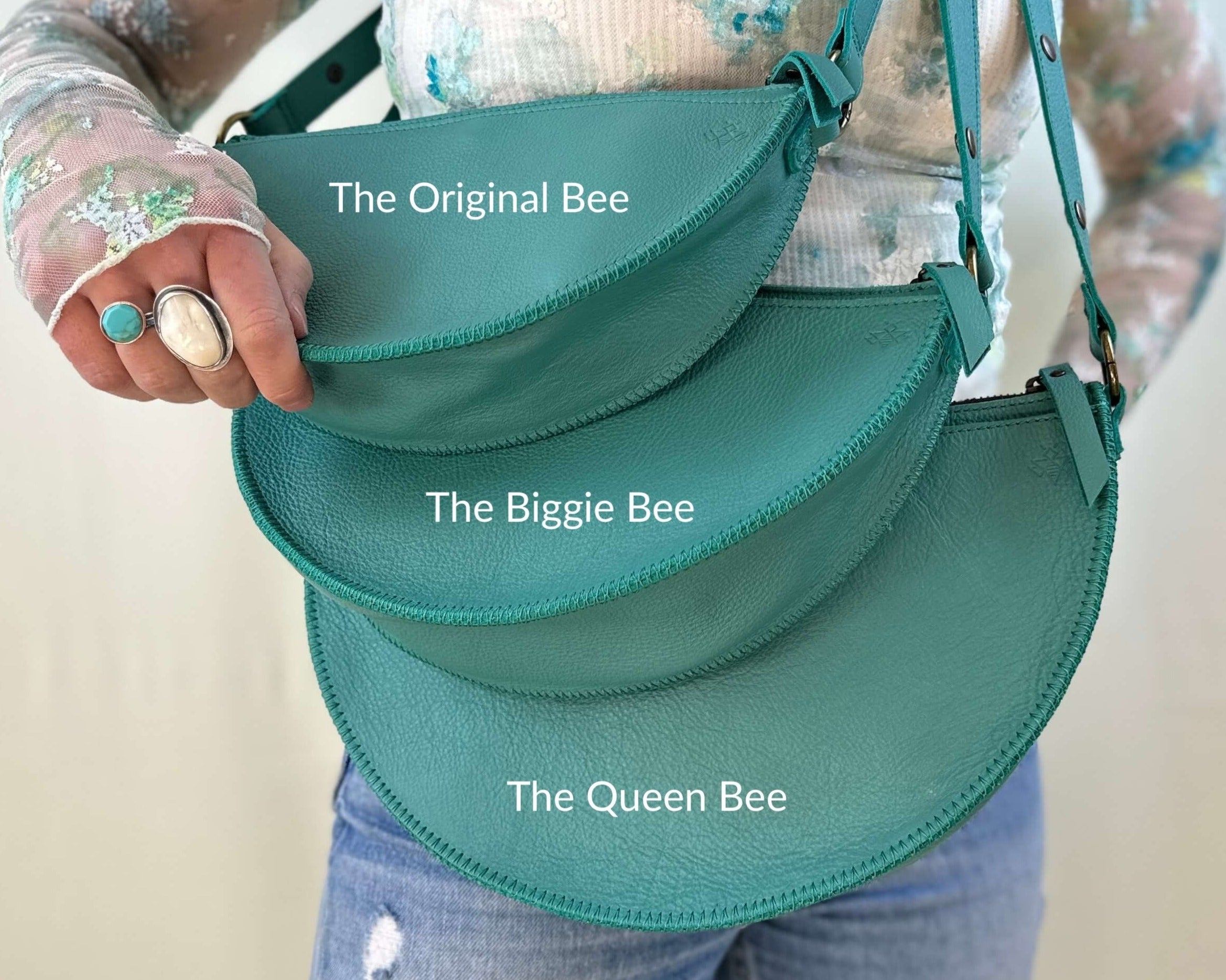 Turquoise leather bag size comparison