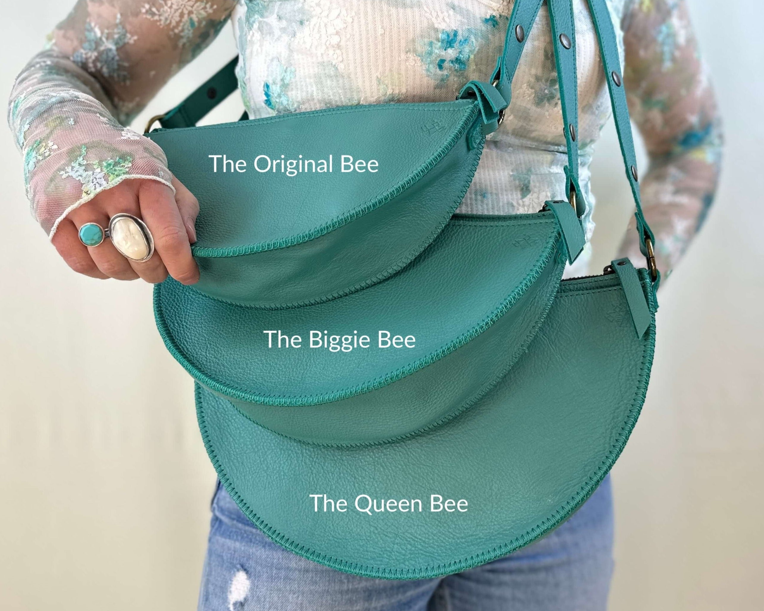 Turquoise leather bag size comparison