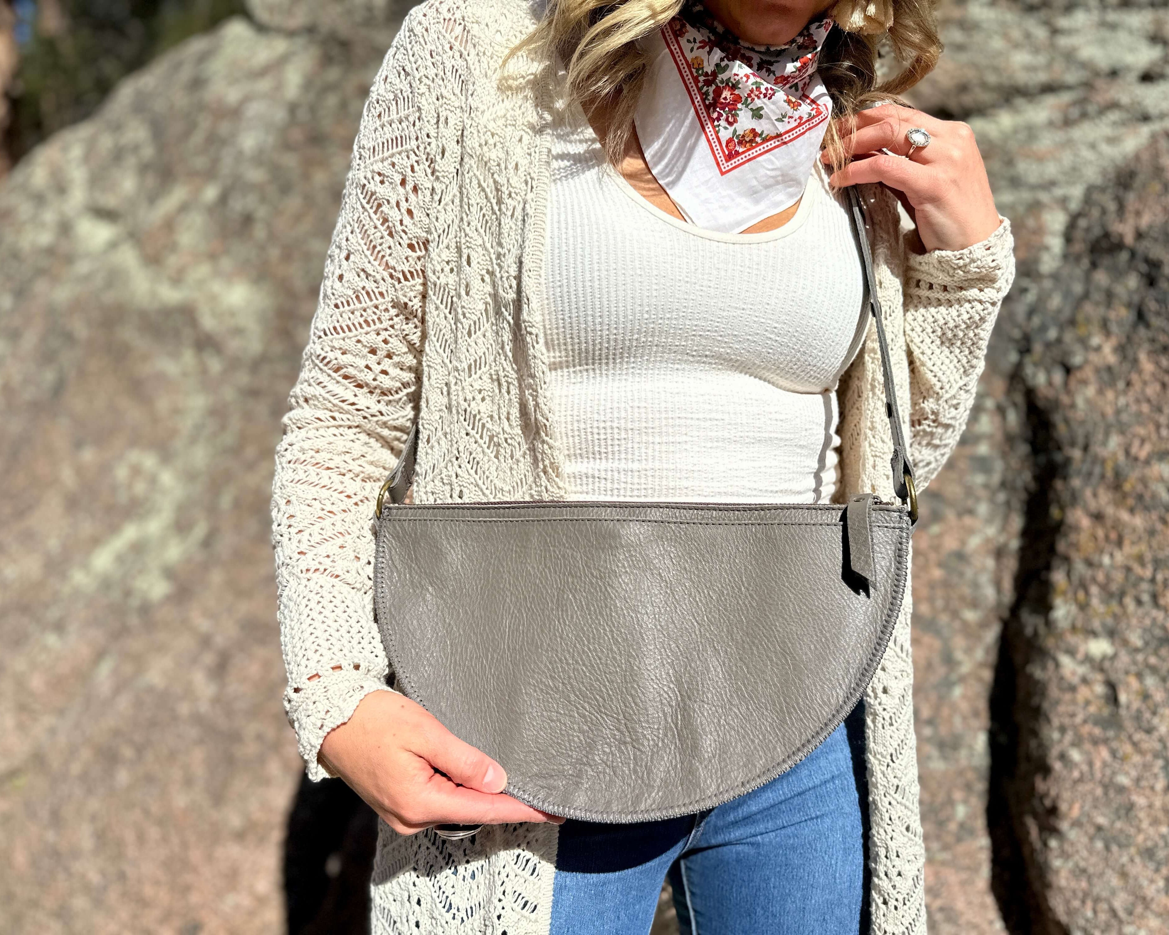 Large stone grey leather bag