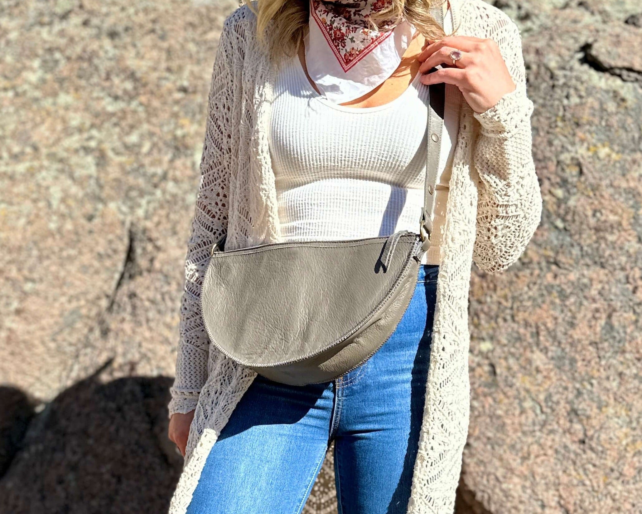 Large stone grey leather bag
