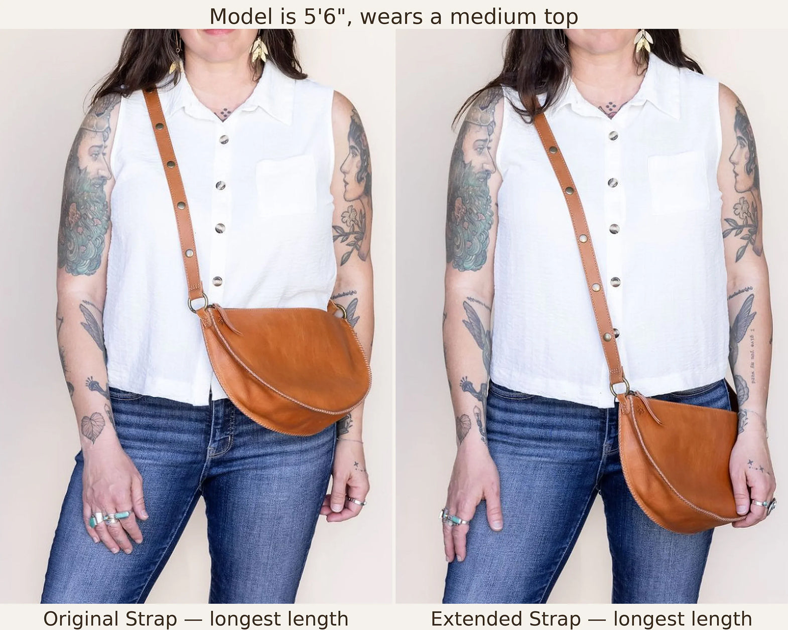Person wearing a brown leather bag with two strap lengths displayed.