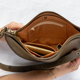 Interior and strap of the Woven Sage & Espresso Biggie Bee