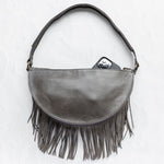 Large charcoal leather fringe crossbody bag, back with phone pocket
