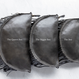 Charcoal leather fringe crossbody bag, size comparison