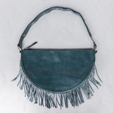Large teal leather fringe crossbody bag