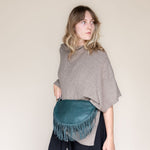 Large teal leather fringe belt bag