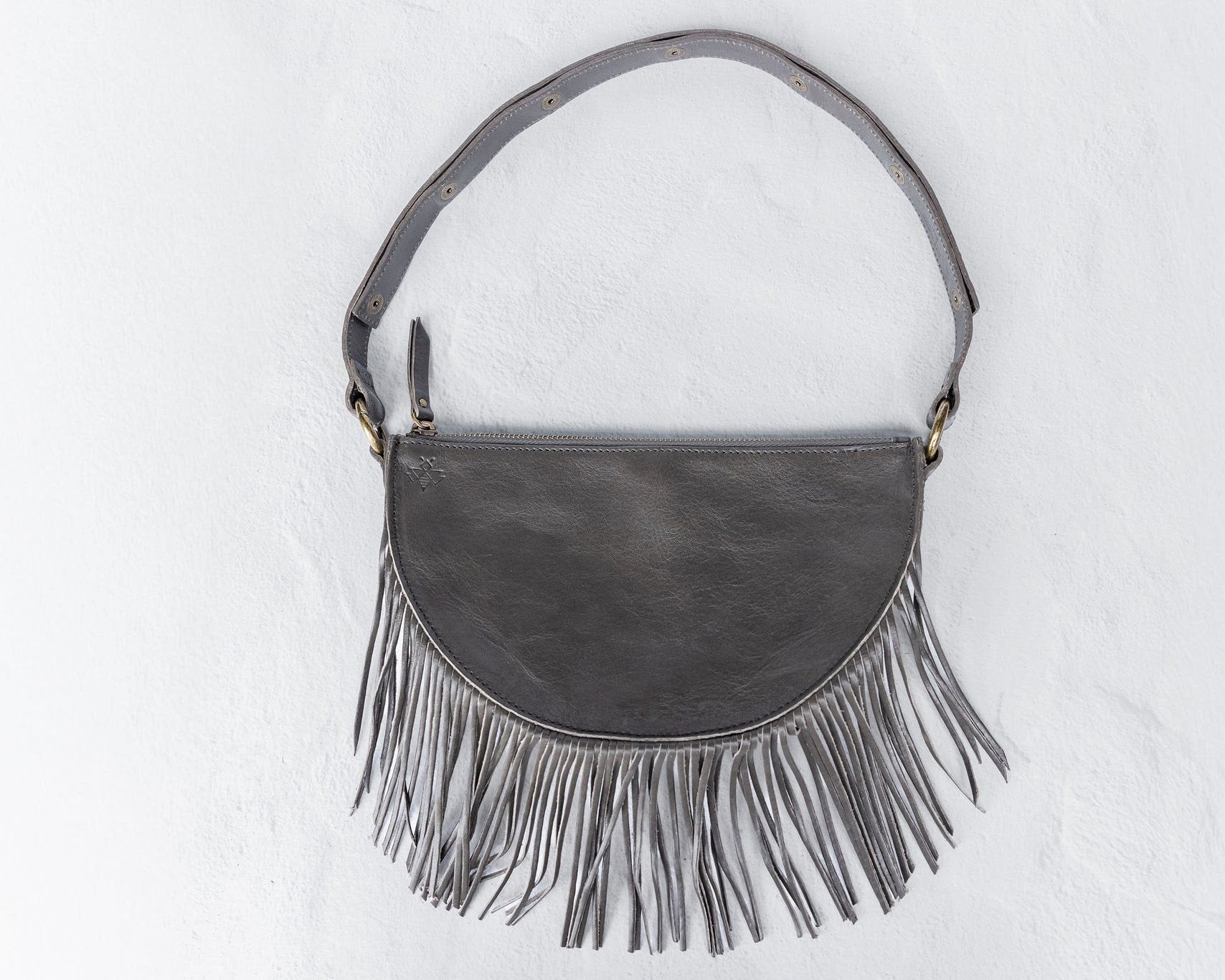 Small charcoal leather fringe pouch, crossbody bag