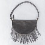 Small charcoal leather fringe pouch, crossbody bag