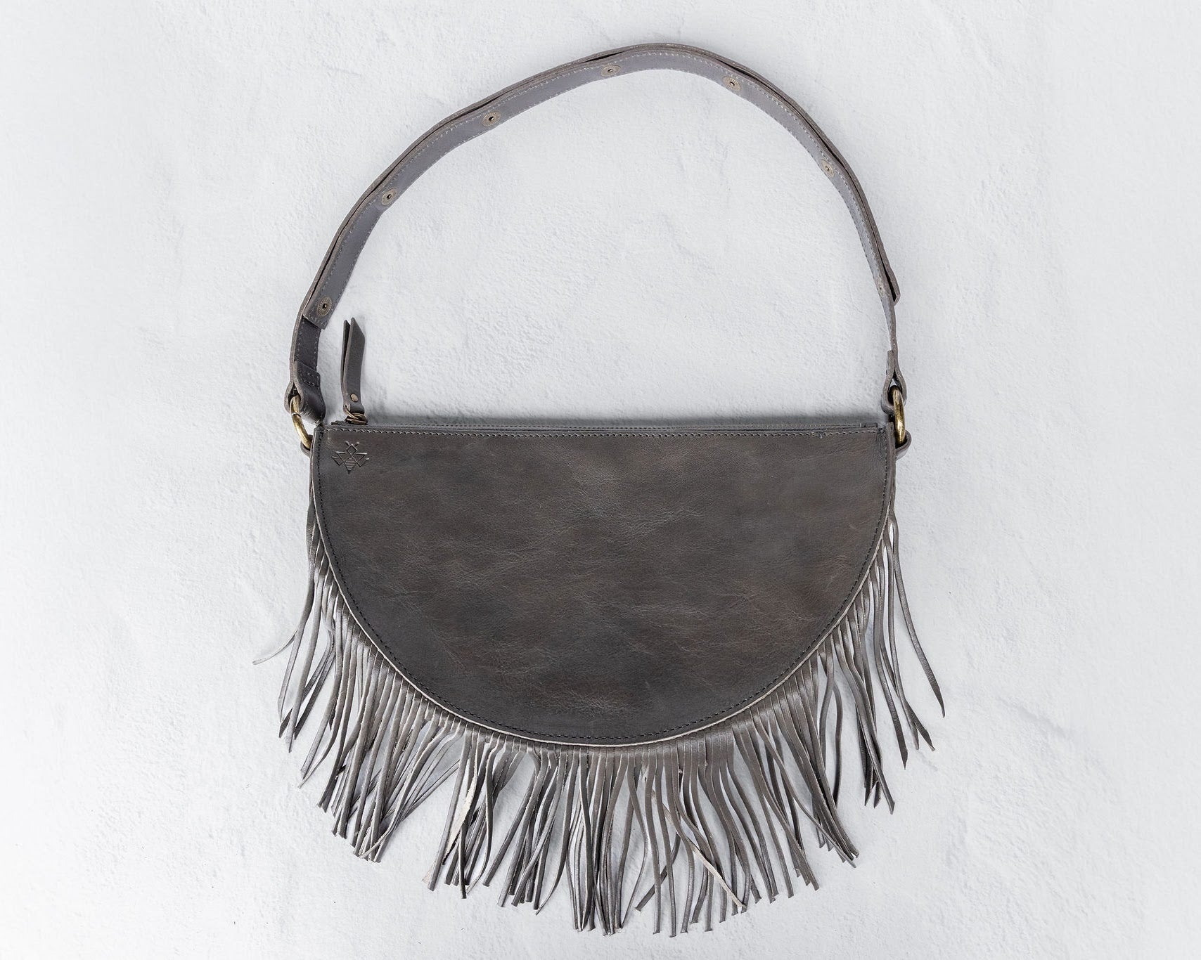 Medium charcoal leather fringe crossbody bag