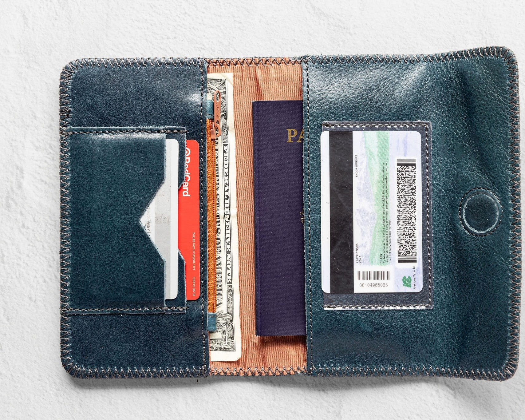 Teal leather wallet for traveling