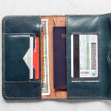 Teal leather wallet for traveling