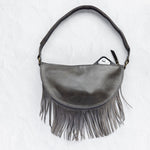 Medium charcoal leather fringe crossbody bag, back with phone pocket
