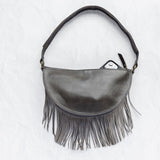 Medium charcoal leather fringe crossbody bag, back with phone pocket
