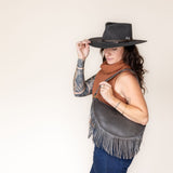 Large charcoal leather fringe bag, side view