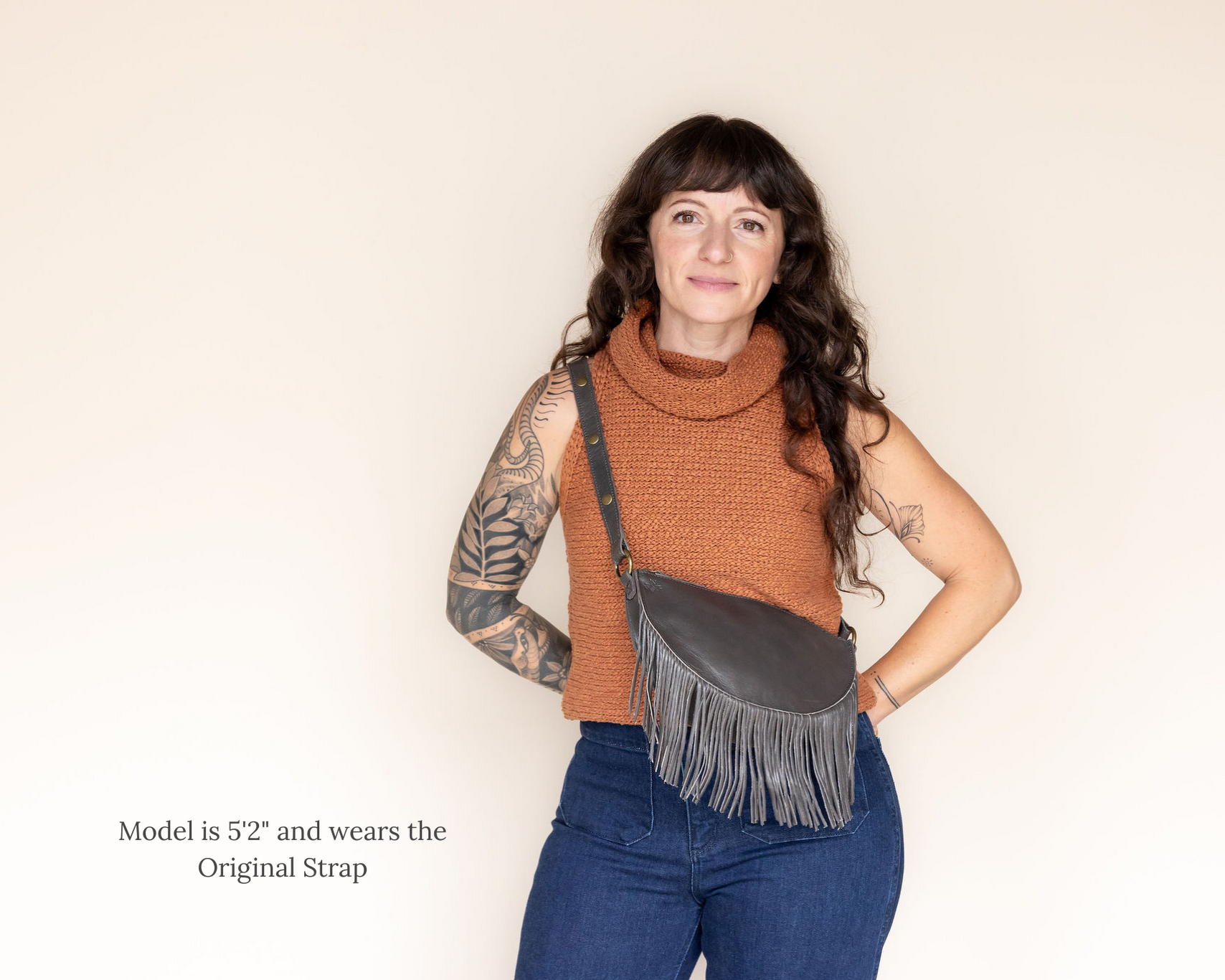 Small charcoal leather fringe pouch, crossbody bag