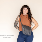 Small charcoal leather fringe pouch, crossbody bag
