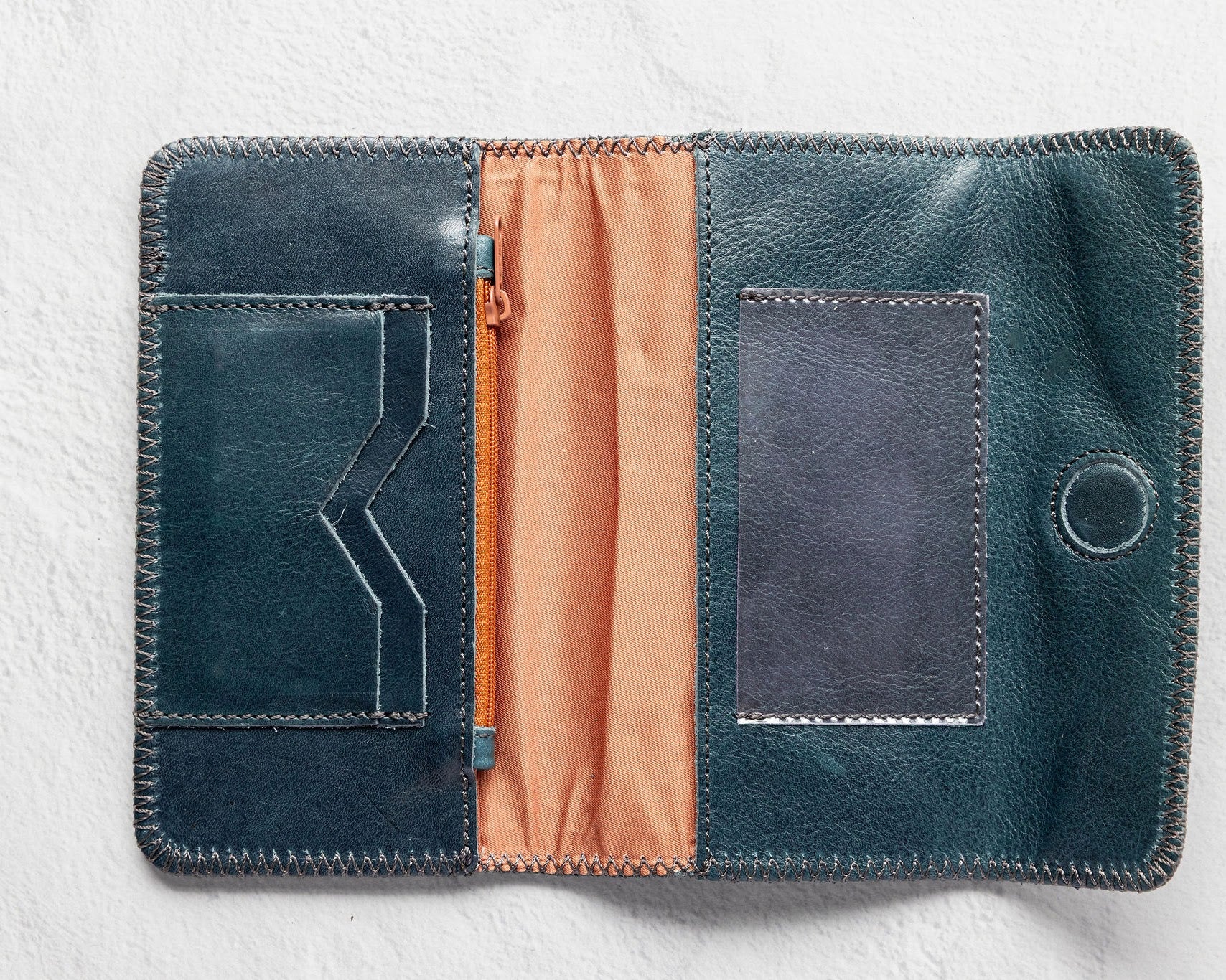 Teal leather wallet for traveling