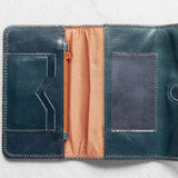 Teal leather wallet for traveling