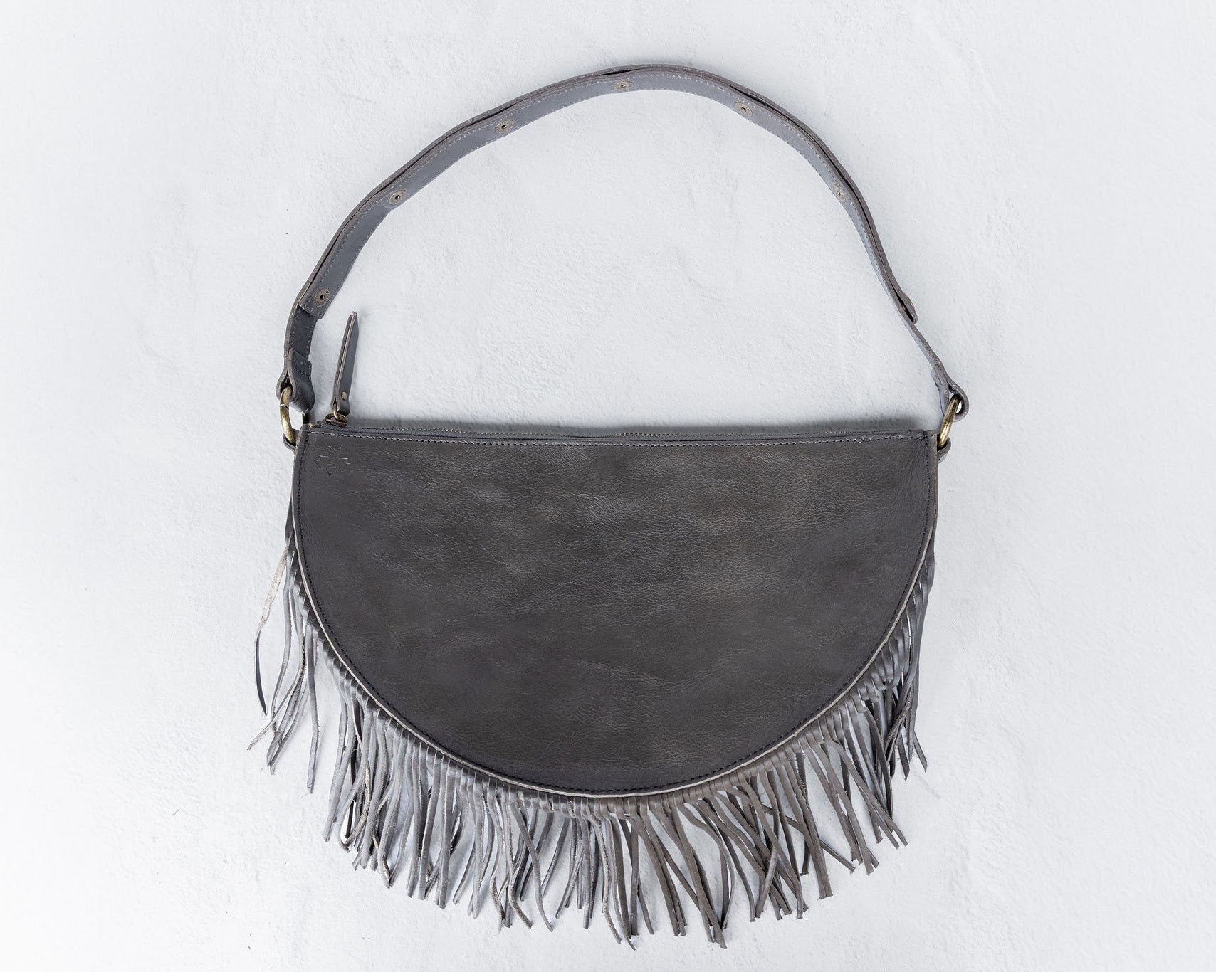 Large charcoal leather fringe crossbody bag