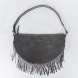 Large charcoal leather fringe crossbody bag