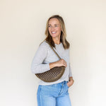 The Woven Sage & Espresso Queen Bee worn on the shoulder