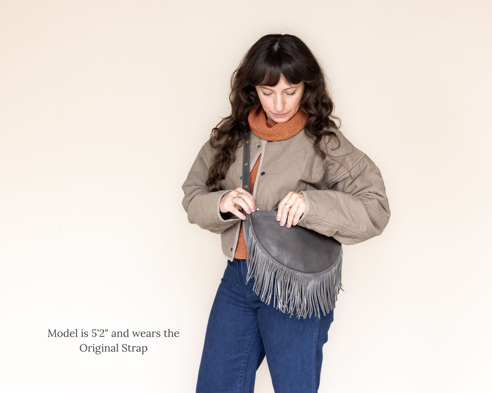Medium charcoal leather fringe crossbody bag