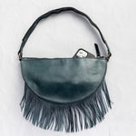 Medium teal leather fringe crossbody bag, back with phone pocket