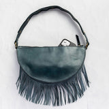 Medium teal leather fringe crossbody bag, back with phone pocket