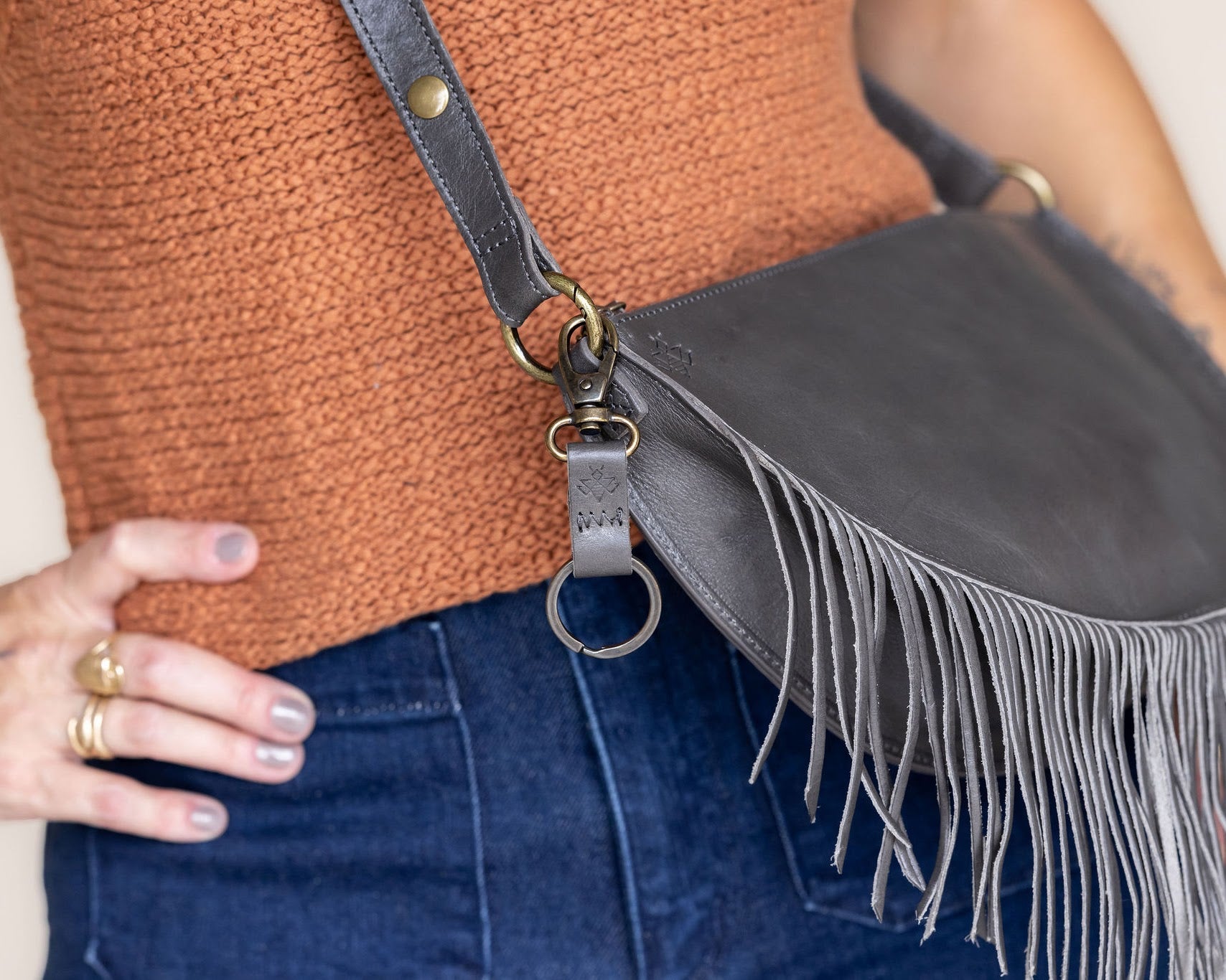 Small leather keychain, Charcoal leather keychain